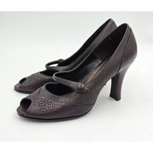 Etienne Aigner Wmn 7.5 Bossy Dark Brown Leather Peep Toe Mary Jane Pump Heels